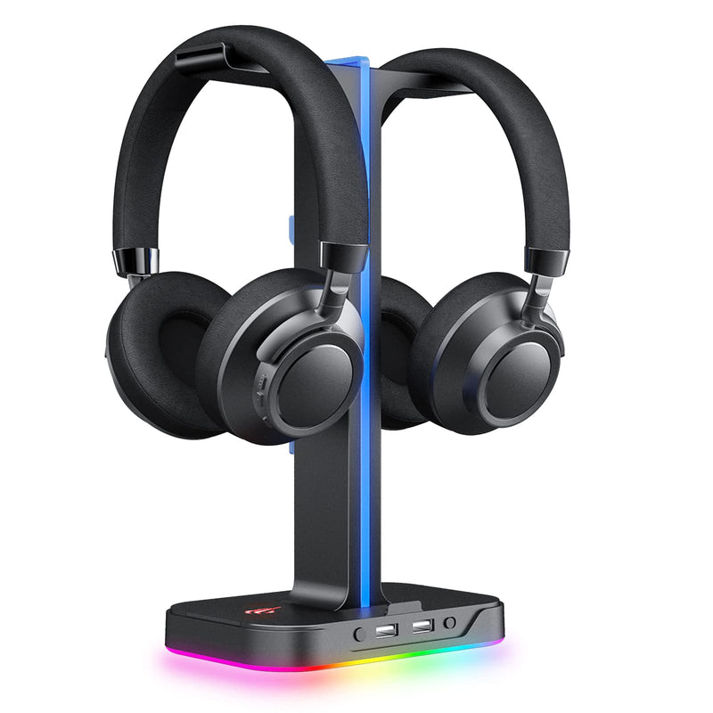 [Australia - AusPower] - Havit RGB Gaming Headphone Stand Desk Dual Headset Hanger Base with Phone Holder & 2 USB Ports for Desktop PC Game Earphone Accessories Black 