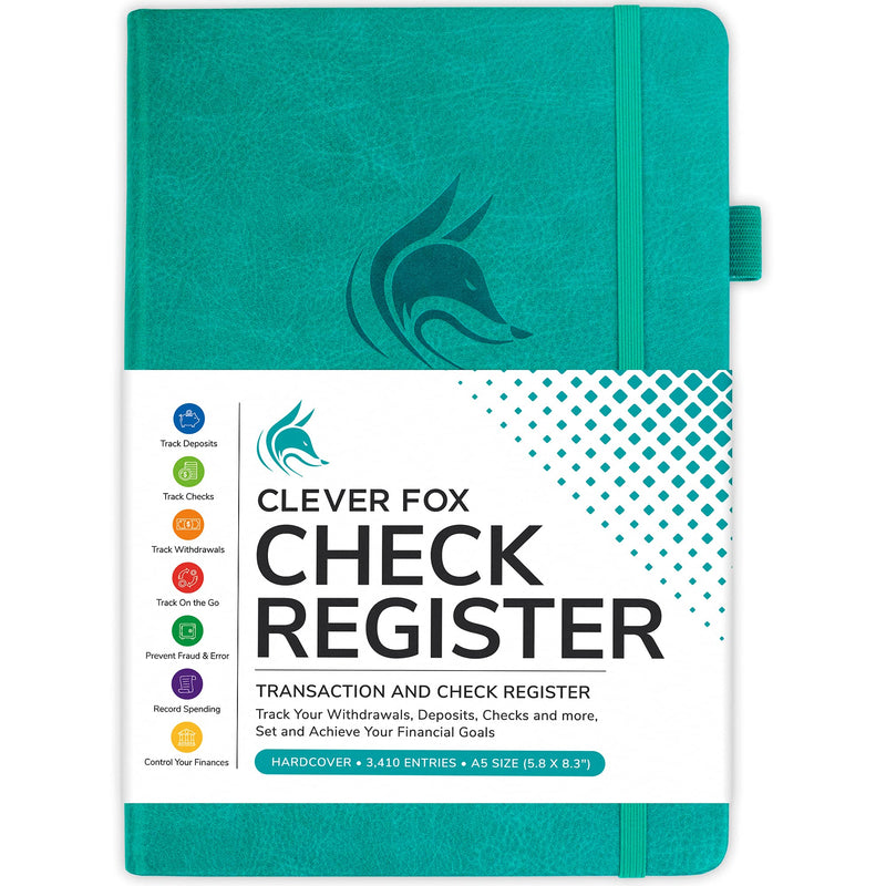 [Australia - AusPower] - Clever Fox Check Register – Deluxe Checkbook Log with Check & Transaction Registers, Bank Account Register Booklets for Personal and Work Use, A5 Hardcover - Turquoise A5 (5.8'' x 8.3'') 