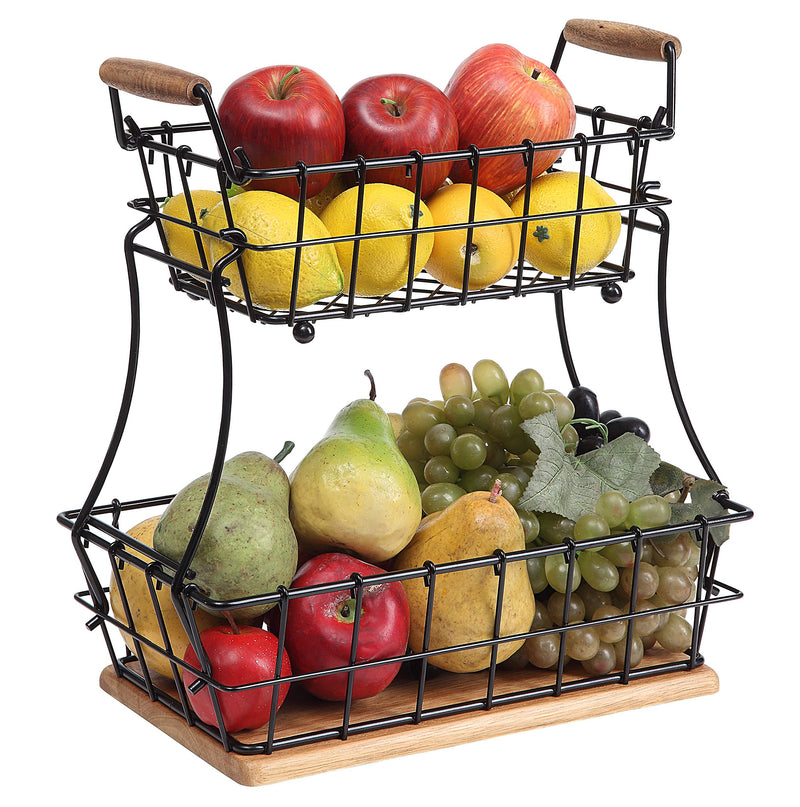 [Australia - AusPower] - SunnyPoint 2-Tier Rectangle Countertop Fruit, Bread Wire Basket (Black, Metal + Wood base) Black 