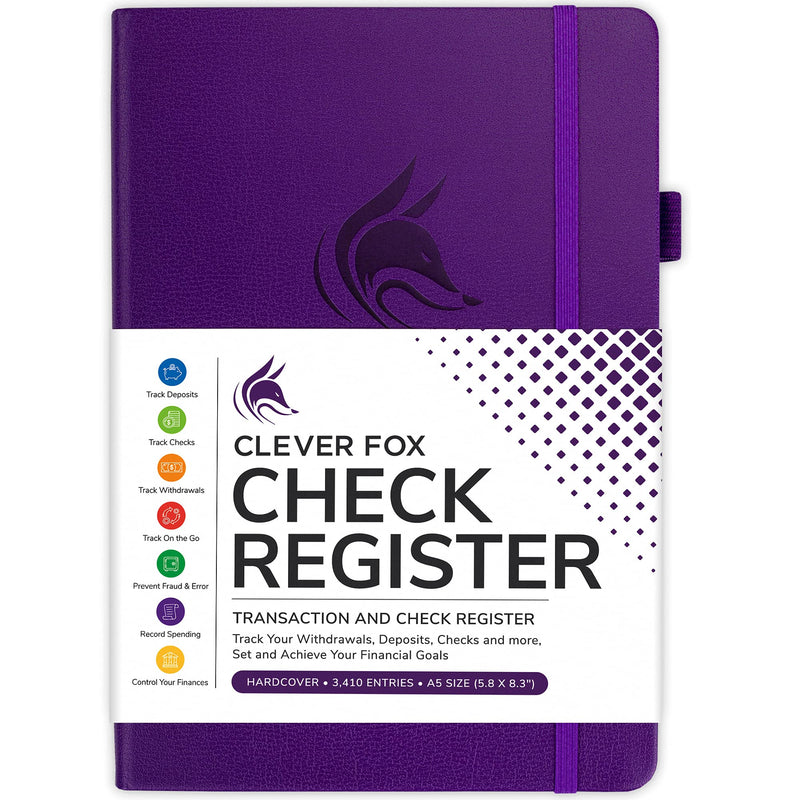 [Australia - AusPower] - Clever Fox Check Register – Deluxe Checkbook Log with Check & Transaction Registers, Bank Account Register Booklets for Personal and Work Use, A5 Hardcover - Purple A5 (5.8'' x 8.3'') 