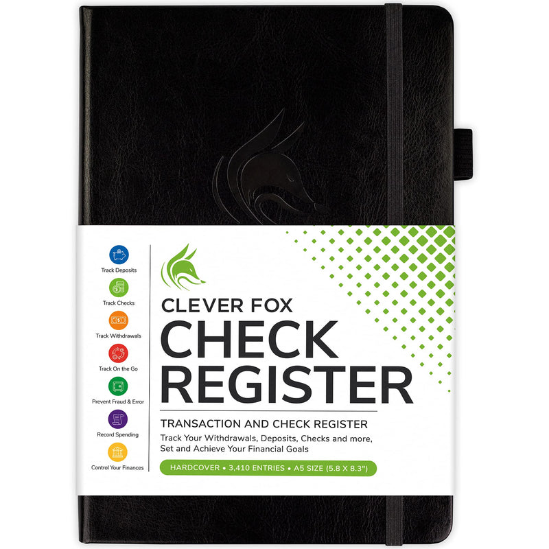 [Australia - AusPower] - Clever Fox Check Register – Deluxe Checkbook Log with Check & Transaction Registers, Bank Account Register Booklets for Personal and Work Use, A5 Hardcover - Black A5 (5.8'' x 8.3'') 