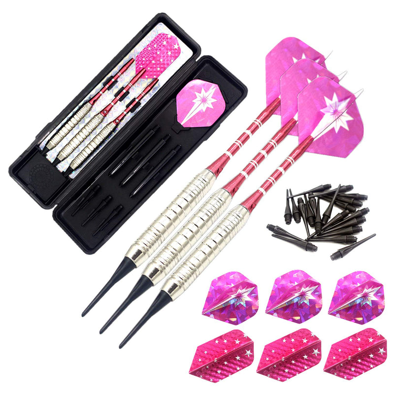 [Australia - AusPower] - ROOBEEO Soft Tip Darts Set for Electronic Dart Board 18/22g Plastic Tip Darts Set with Brass Barrels&Aluminum Shafts, 6 Flights 3 Spare Plastic Dart Shaft 20 Soft Tips Portable Case 18g-Silver&Pink 