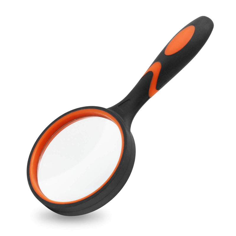[Australia - AusPower] - MJIYA Magnifying Glass, 8X Handheld Reading Magnifier for Kids and Seniors, Non-Scratch Quality Glass Lens, Shatterproof Design, Microfibre Cleaning Cloth Included (75mm, Orange) 