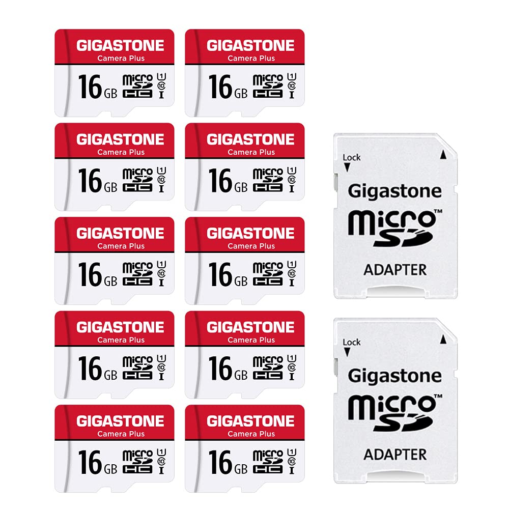 [Australia - AusPower] - [Gigastone] 16GB 10-Pack Micro SD Card, Camera Plus, MicroSDHC Memory Card for Wyze Cam, Security Camera, Full HD Video Recording, UHS-I U1 Class 10, up to 85MB/s, with MicroSD to SD Adapter MSD-Camera-16GB-10PK 