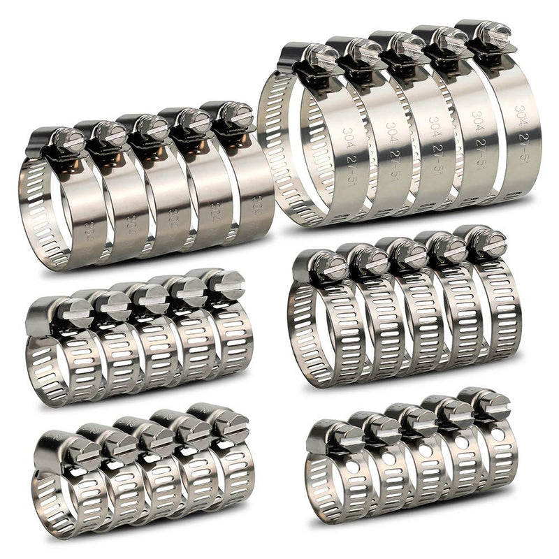 [Australia - AusPower] - InduSKY 30Pcs Hose Clamps 1/4-2 in (6-51mm) Adjustable Range 304 Stainless Steel Worm Gear Hose Clamps Assortment Kit for Fuel Line, Plumbing, Automotive, Dishwasher, Washing Machine, Pool etc. 