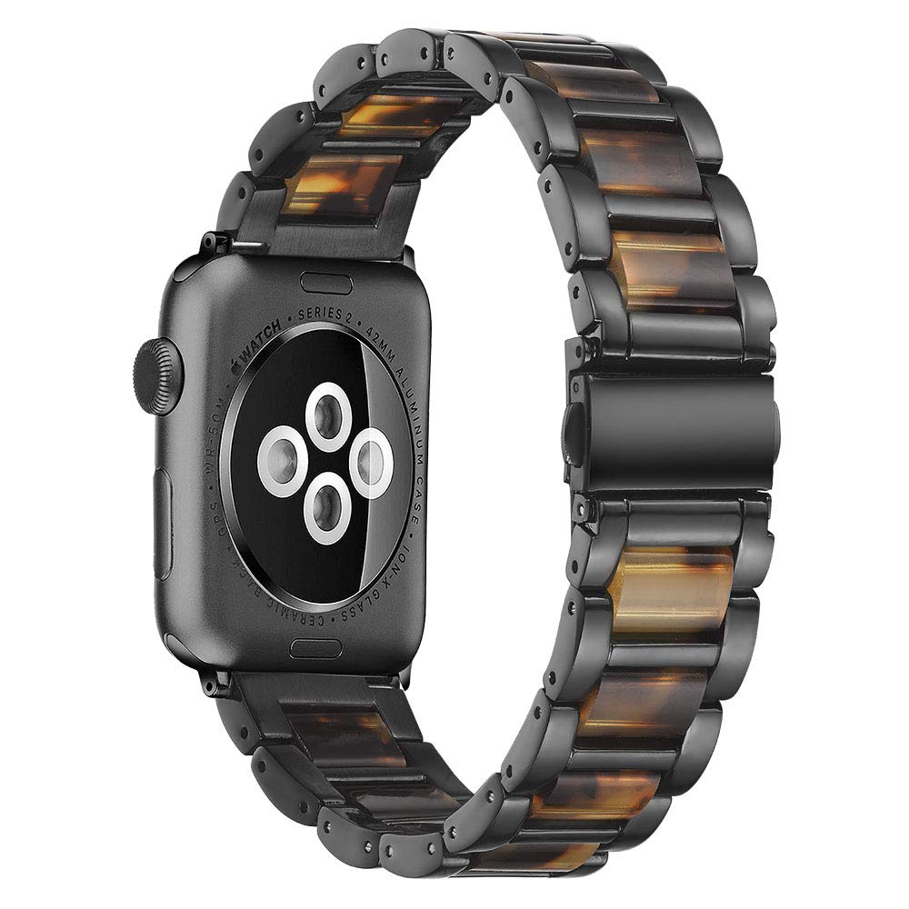 [Australia - AusPower] - Herbstze Stainless Steel & Resin Compatible with iWatch Bands Straps for SmartWatch Mens Womens Wristband Series SE 6 5 4 3 2 1 (Black+Tortoise, 38mm/40mm) Black+Tortoise 