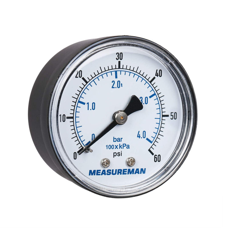 [Australia - AusPower] - Measureman Boxed Pressure Gauge with Dial Replacement for Select Filters, 2" x 1/4"NPT Back, 0-60psi/4bar, +/-3-2-3% Back mount 