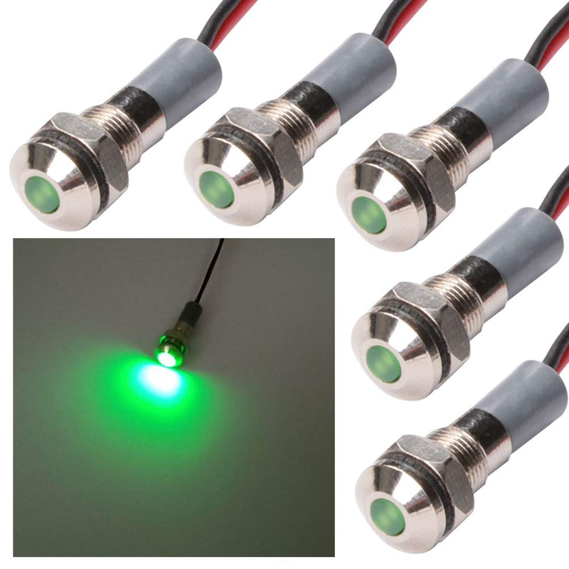 [Australia - AusPower] - FICBOX 5pcs LED Metal Indicator Light 6mm 1/4" 12V Waterproof Signal Lamp Power Work Light for Pilot Dash Car Truck Boat (6MM, 4-Green) 