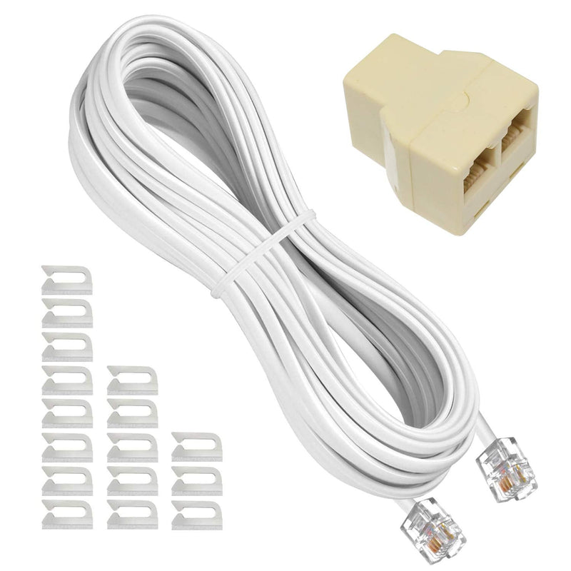 [Australia - AusPower] - URBEST 25 Ft Phone Extension Cord, Telephone Cable with Standard RJ11 Plug and 3 in-Line Couplers and 20 Adhesive Cable Clip Holders (25 Ft, White) 