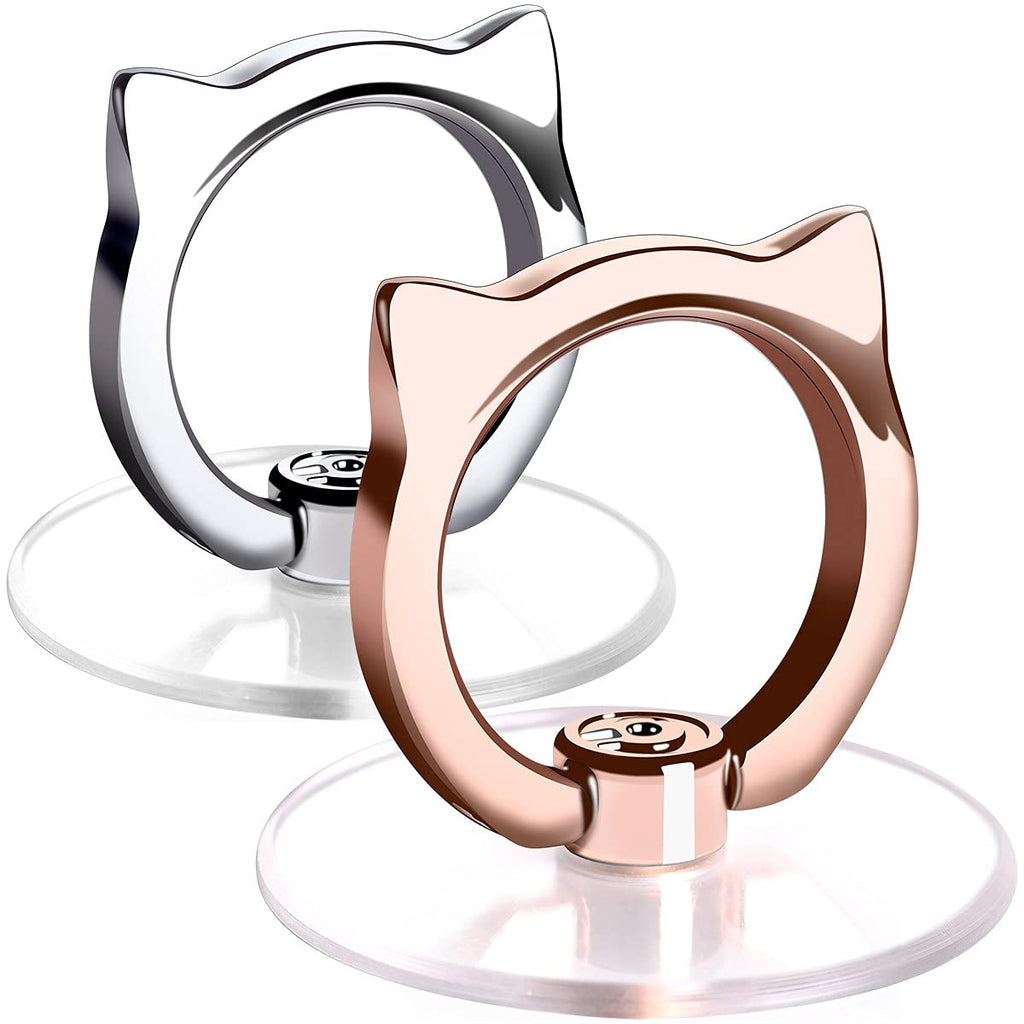 [Australia - AusPower] - Cat Phone Ring Holder - EI Sonador Clear Cell Phone Ring Holder Transparent Stand Finger Grip (1 Silver + 1 Rose Gold Cat) 1 Silver + 1 Rose Gold Cat 