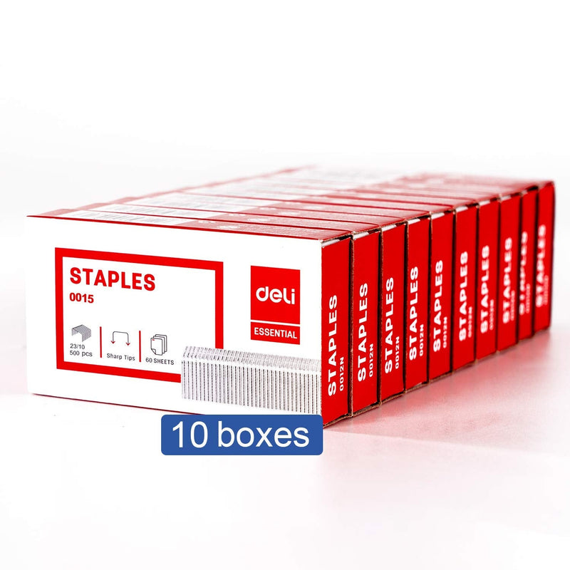 [Australia - AusPower] - Deli 5,000 Staples, Fits Deli 60 Sheet Capacity Stapler, 3/8" Leg Length Staples of 70 Sheet Capacity, 23/10, Jam Free Sharp Chisel Point Design, 10 Boxes of 500 Staples 23/10-Large 