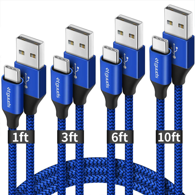 [Australia - AusPower] - 4-Pack USB C Cable Fast Charging [1/3/6/10 ft], etguuds Nylon Braided USB A to C Type Charger Cord Compatible with Samsung Galaxy S20 S10 S9 S8 Plus S10E Note 20 10 9 8, A10e A20 A51 A71, Moto G8 G7 1ft,3ft,6ft,10ft Blue-1ft,3ft,6ft,10ft 