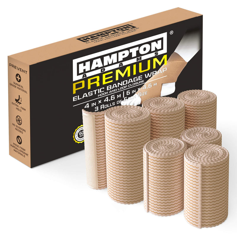 [Australia - AusPower] - (6 Pack) Elastic Bandage Wrap | Self Closing Latex-Free Cotton Compression Bandage (4” & 6” Wide Rolls) w/ Hook and Loop Closure | Elastic Tape Rolls for Medical, Sports, Sprains, Calf, Ankle & Foot 