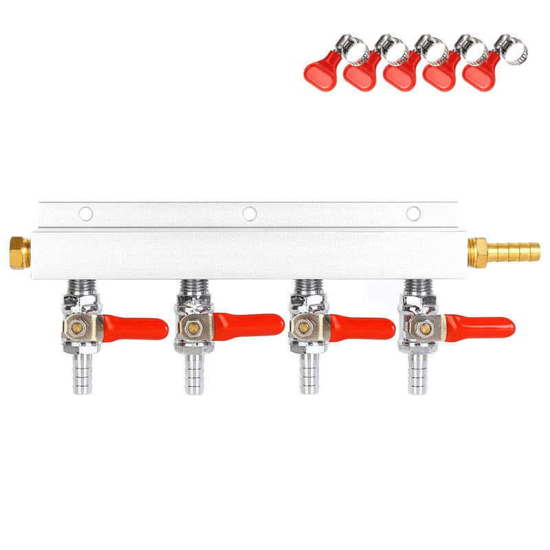 [Australia - AusPower] - FERRODAY 4 Way Gas Manifold 5/16" Barbed Integrated Check Valves CO2 Distributor Independent Shut Off CO2 Manifold Gas Distributor for Home Brew Beer Brew - 1 Gas Manifold + 5 Hose Clamps 