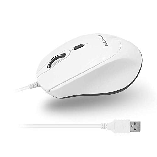 [Australia - AusPower] - Macally USB Wired Mouse for Mac or PC - Comfortable, Smooth, and Quiet - White USB Mouse Wired with 5ft Cable and 4 DPI - Plug and Play Corded Computer Mouse for Laptop or Office Desktop - White 