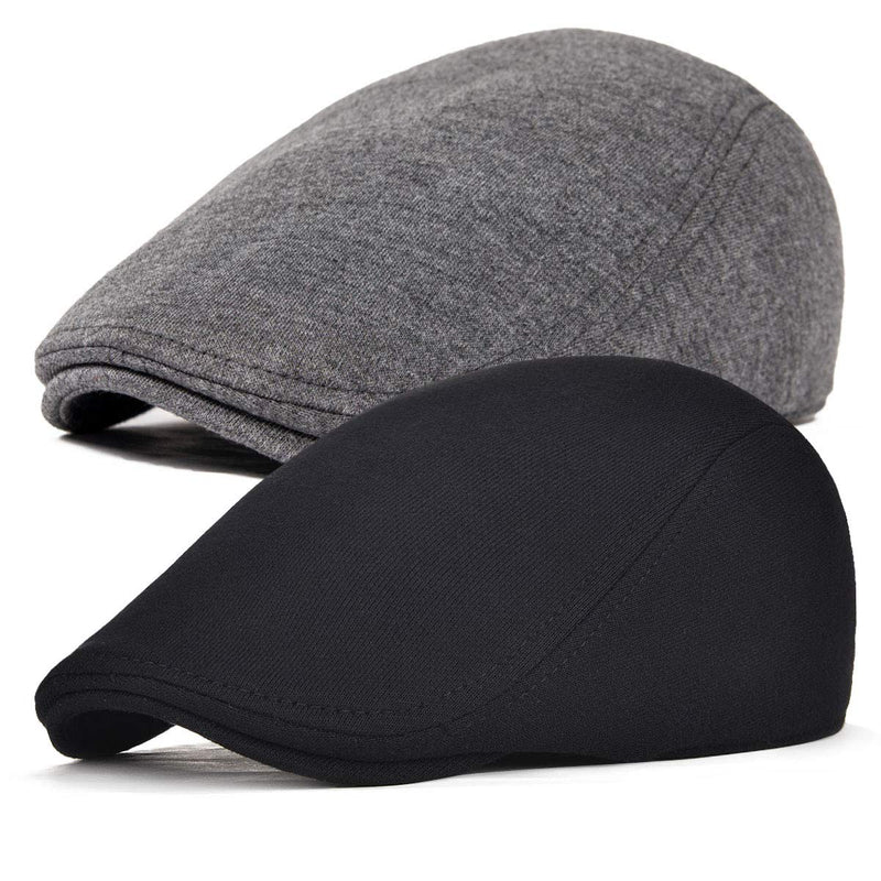 [Australia - AusPower] - FEINION 2 Pack Men Cotton Newsboy Cap Soft Fit Cabbie Hat Black/Dark Grey 