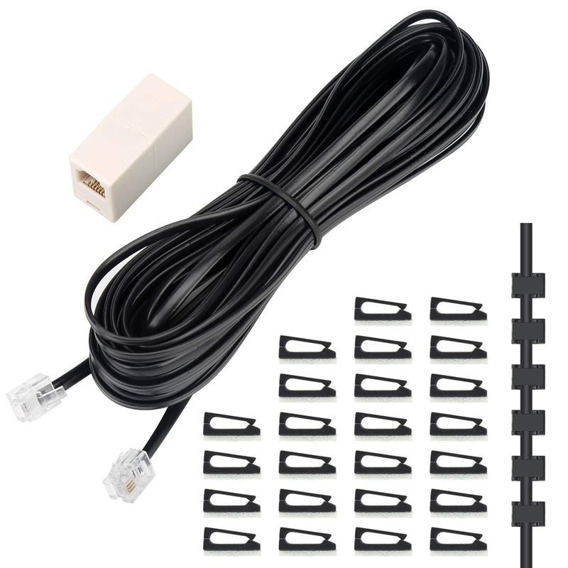 [Australia - AusPower] - Phone Extension Cord 33 Ft, Telephone Cable with Standard RJ11 Plug and 1 in-Line Couplers and 20 Cable Clip Holders, Black 