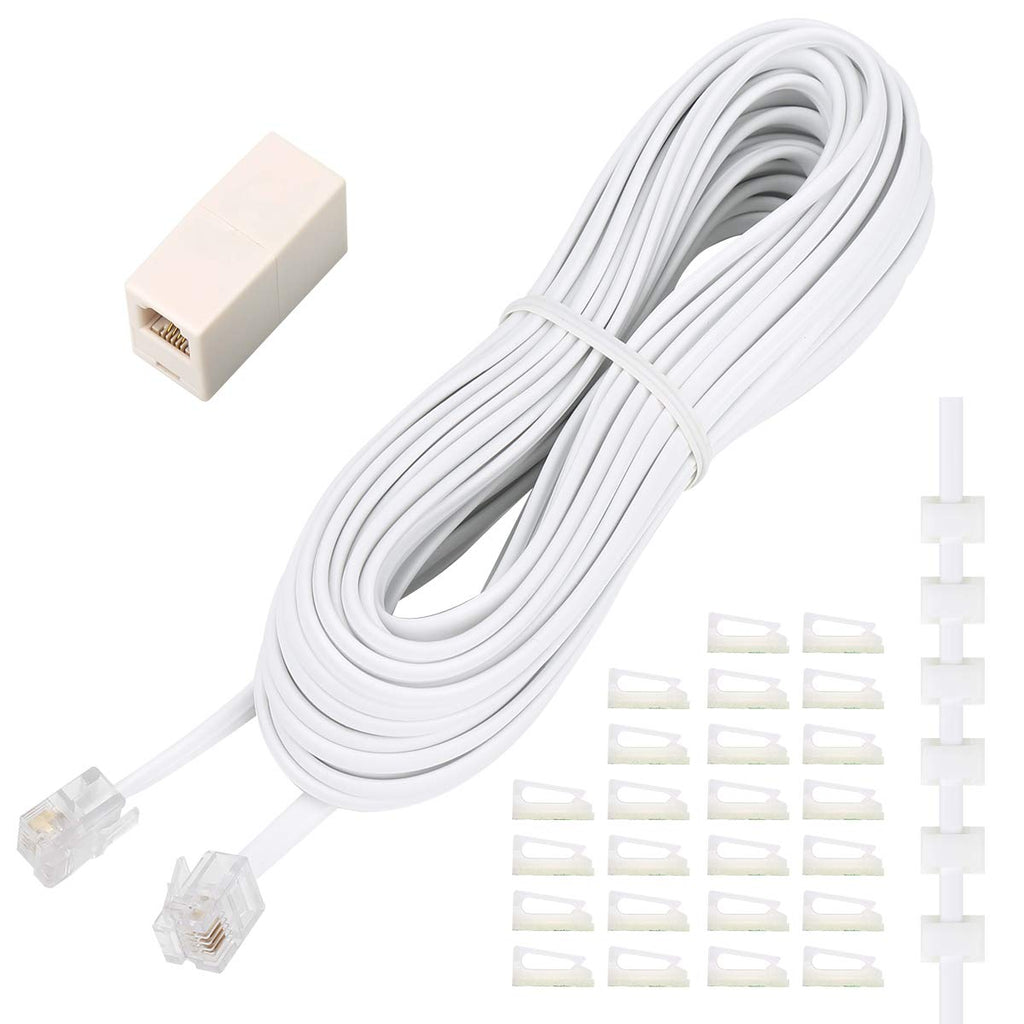 [Australia - AusPower] - Phone Extension Cord 33 Ft, Telephone Cable with Standard RJ11 Plug and 1 in-Line Couplers and 20 Cable Clip Holders, White 
