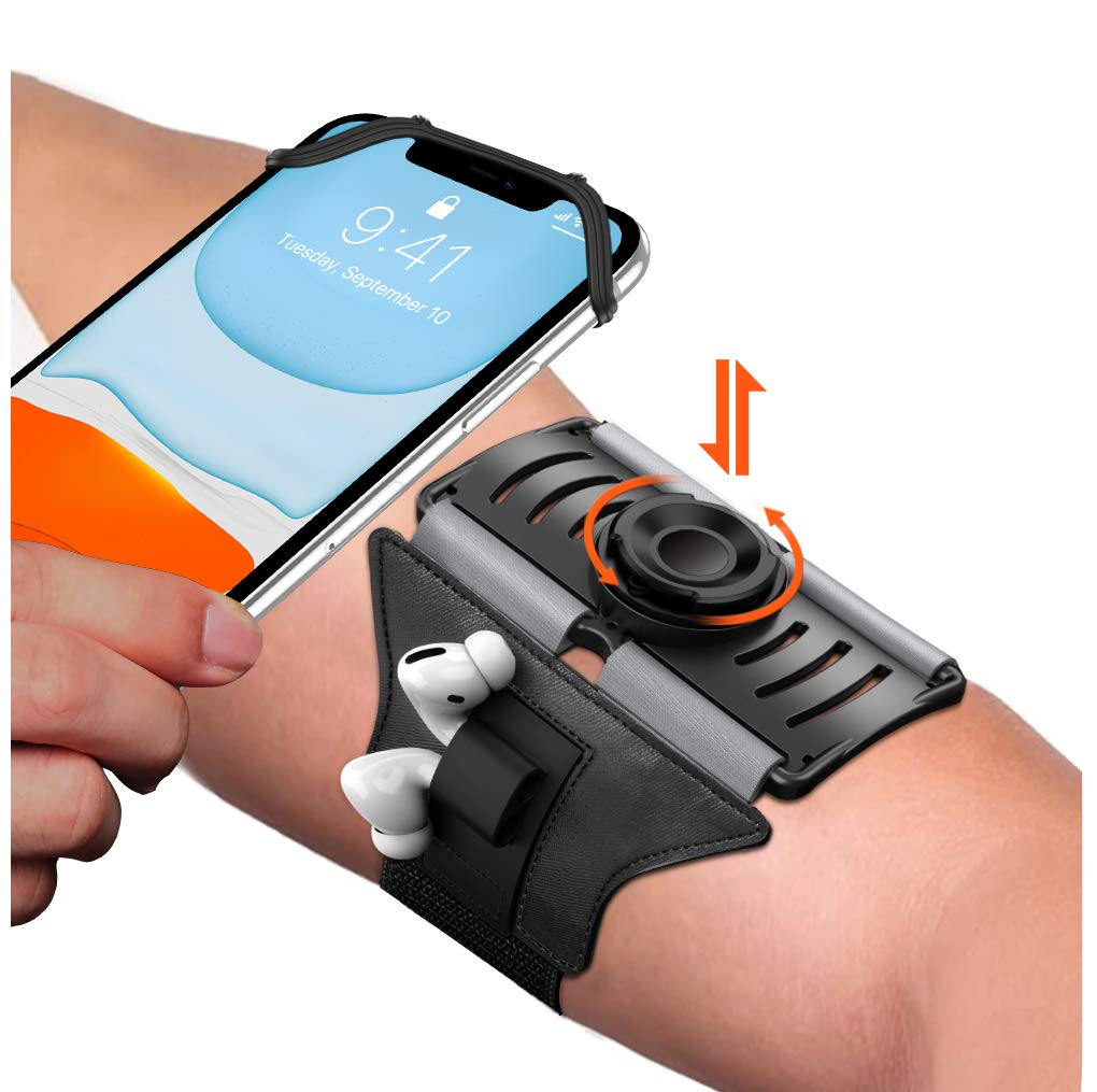 [Australia - AusPower] - VUP Upgraded Running Armband Detachable & 360°Rotation with AirPods/AirPods Pro Holder Phone Armband for iPhone, Samsung, All Screen Friendly Fits All 4-6.7 Inch Smartphones for Running Biking (Black) Black 