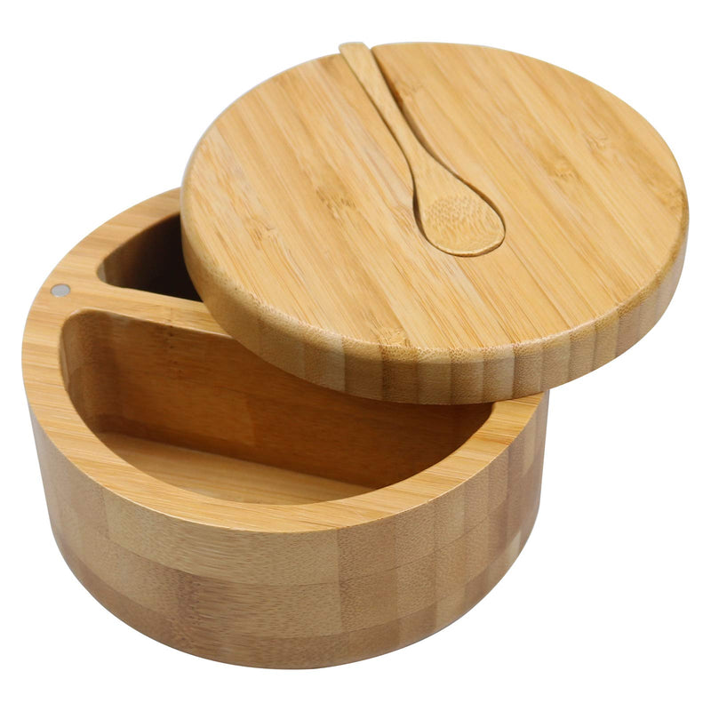 [Australia - AusPower] - Bamboo Salt and Pepper Bowls by HTB, Divided Salt Cellar With Swivel Lid and Spoon, Seasoning Containers With Magnetic Lid to Keep Dry, Mini Spoon Built Into Top, Great When You May Have Messy Hands 