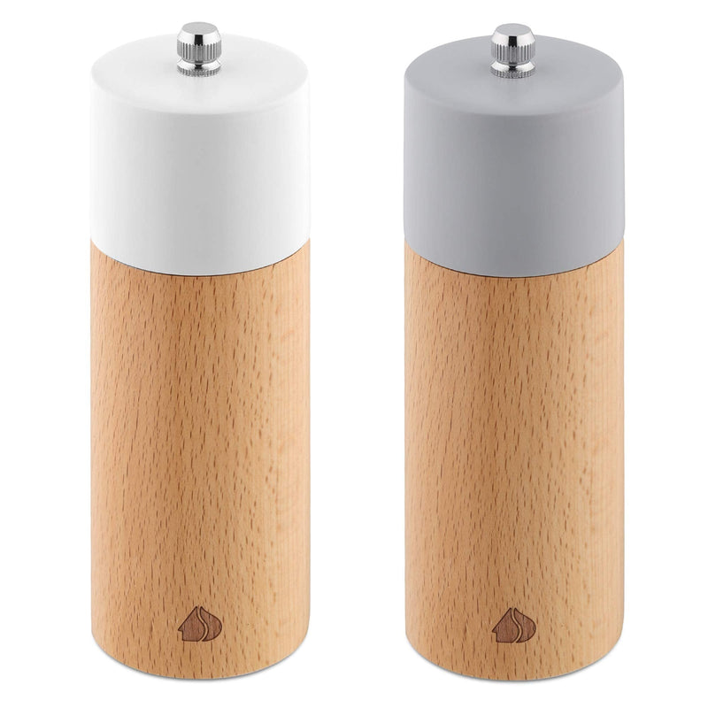[Australia - AusPower] - Navaris Salt and Pepper Mill Set - Adjustable Beech Wood Salt and Pepper Grinders Shakers with Ceramic Grinding Core for Home, Restaurants - Design 2 