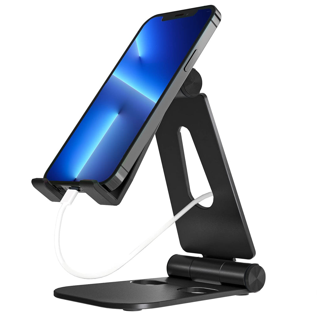 [Australia - AusPower] - KTRIO Cell Phone Stand, Adjustable Aluminum Phone Stand for Desk, Foldable Phone Holder Compatible with iPhone 13 Pro Max 11 12 XR 8 7 SE, Pad, Tablet, Smartphone - Black 02 Adjustable & Foldable - Black 01 
