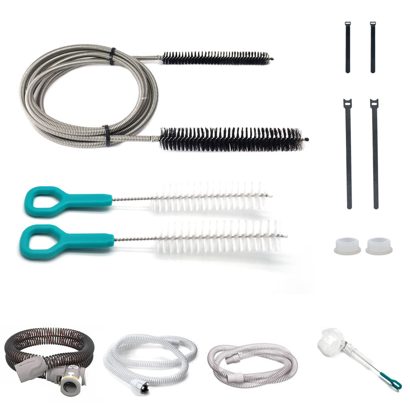 [Australia - AusPower] - Jakia CPAP Tube Hose Cleaning Brush Kit 7 ft Strong Flexible Spring Body with Double Brush Heads Each 8.7" and 6.7“ Diameters Plus Two 7" Handy Brushes, 4 PCS Bandage Ties and 2 PCS Hose Bushin 