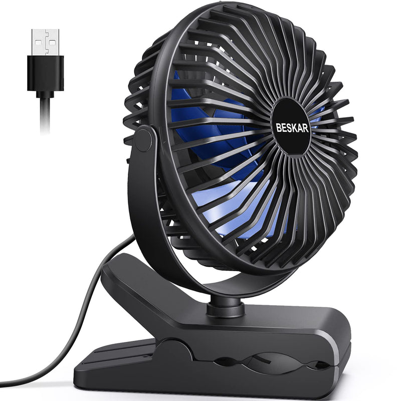 [Australia - AusPower] - BESKAR USB Powered Clip on Fan, 6 Inch Portable Fan with Cord, 3 Speeds Strong Airflow, Small Fan with Sturdy Clamp, Quiet Personal Desk Fan & Clip Fan Black Blue Blades 