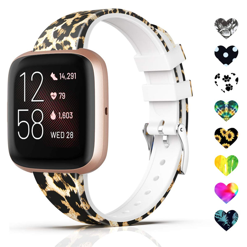 [Australia - AusPower] - ShunDee Band Compatible with Fitbit Versa/Fitbit Versa 2/Fitbit Versa Lite Edition,Silicone Floral Fadeless Narrow Slim Thin Wristband Replacement for Fitbit Versa Smart Watch Women Men Small Large 01-Leopard 
