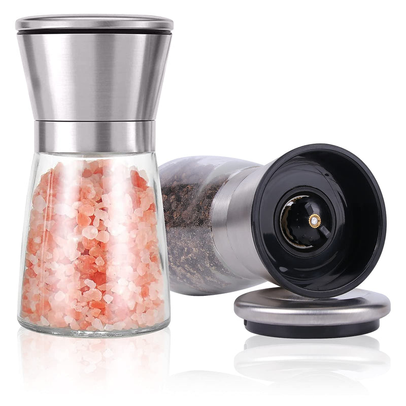 [Australia - AusPower] - Herda 2 Pack Refillable Salt and Pepper Grinders Set - Pepper Mill with Stainless Steel Head- Short Glass Shakers with Adjustable Coarseness for Sea Salt, Black Peppercorn, Spices 6oz 