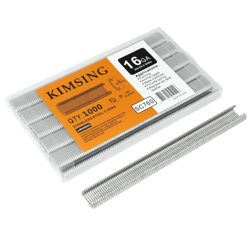 [Australia - AusPower] - KIMSING SC760 16 Gauge 5/8'' Crown Stainless Steel C Ring Staples C-Rings Hog Rings, Wire Fencing Staples, Fasteners for C Ring Stapler, Hog Ring Tool, C Ring Plier, 1000 PCS/Pack 