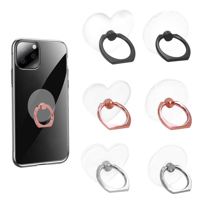 [Australia - AusPower] - 6 Pcs Transparent Mobile Phone Ring Holder, SENHAI Round and Heart-Shaped 360 Degree Rotating Universal Ring Buckle Grip Stand for Smartphones, Tablets 