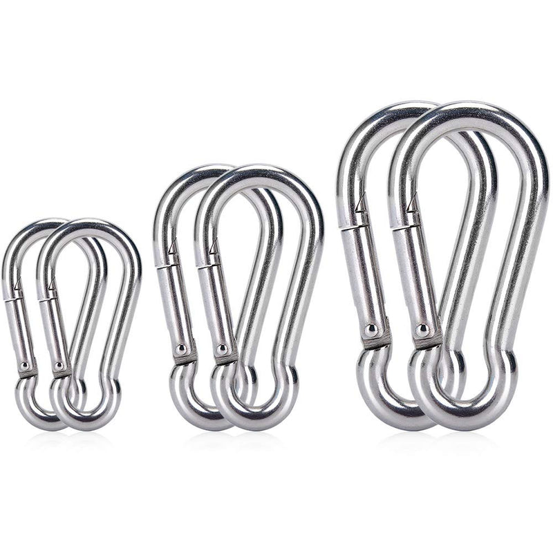 [Australia - AusPower] - 6PCS Spring Snap Hooks Carabiner- 304 Premium Stainless Steel Heavy Duty Carabiner Clips Assorted Sizes (2, 2.36, 3.15 inch) for Camping, Fishing, Hiking, Traveling, Backpack, Keychain; Silver 