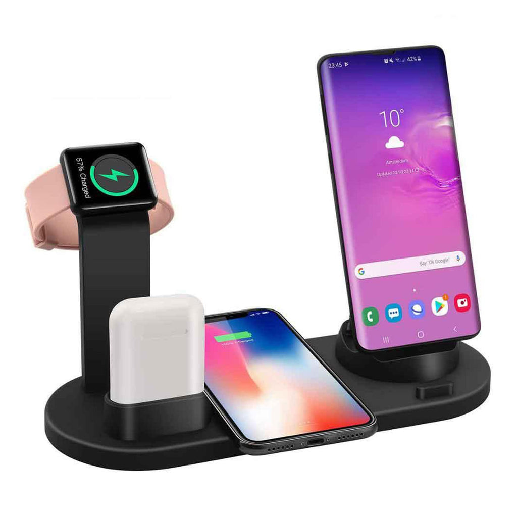 [Australia - AusPower] - Charging Dock Stations - 4-in-1 Wireless Charging Pad, Rotating Plug Multi-Device Charger for Apple iPhone, AirPods, iWatch, Samsung Galaxy S20, and Other Qi-Enabled Devices, Black 