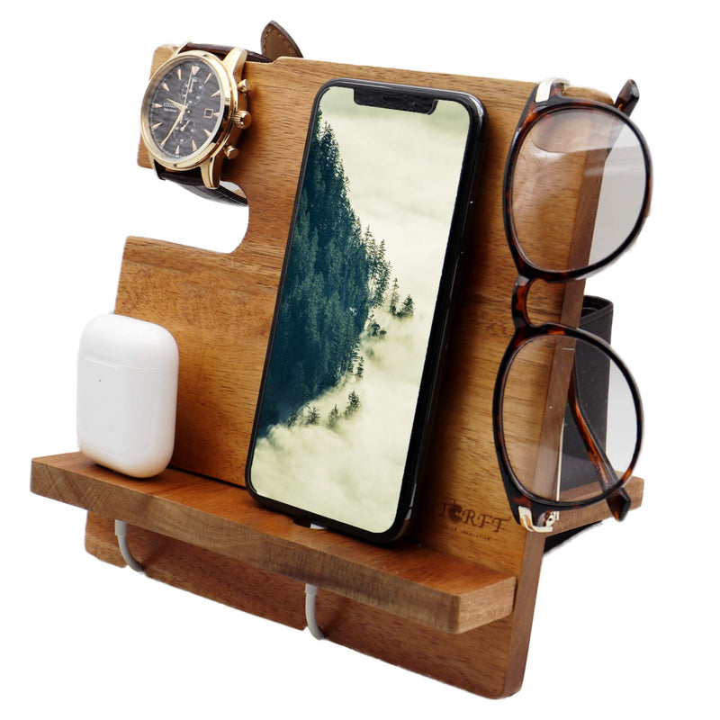 [Australia - AusPower] - WUTCRFT - Wooden Phone Docking Station/Bedside Nightstand Organizer for Phone, Wallet, Watch, Glasses and Airpods, Perfect as a Desk Organizer Station, Anniversary or Birthday Gift, and Gifts for Men 