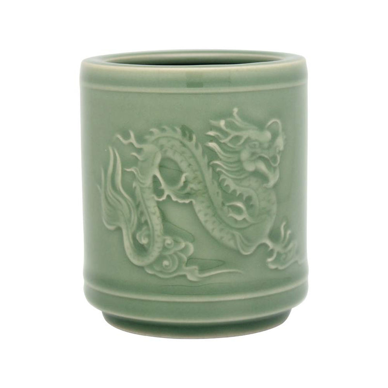 [Australia - AusPower] - BangQiao Handmade Decorative Ceramic Desktop Pen Cup Holder Caddy Organizer with Embossed Dragon Design for Desk, Office, and Home, Dark Green 