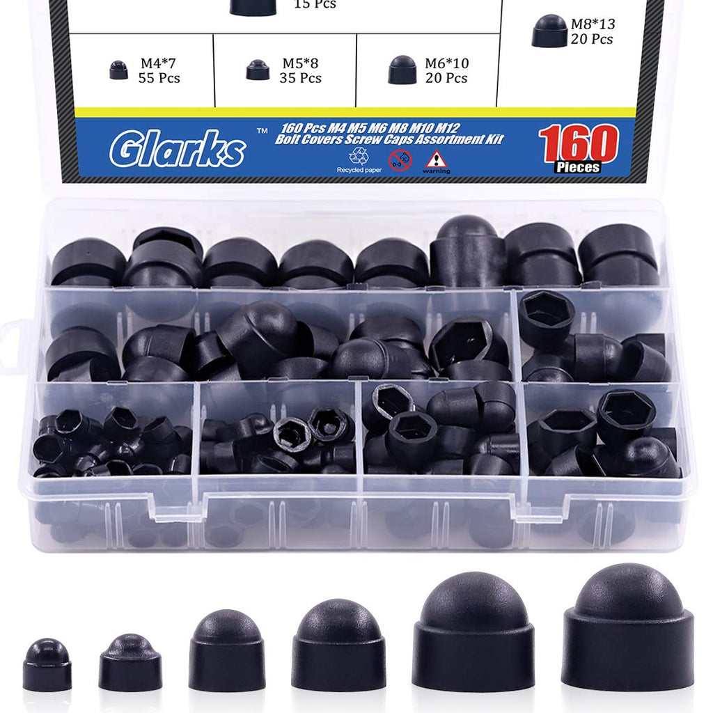 [Australia - AusPower] - Glarks 160Pcs Black Bolt Covers Screw Caps Assortment Kit, M4 M5 M6 M8 M10 M12 Nylon Acorn Dome Protection Caps for Protecting Hexagon Shaped Screws Bolts (Black) 