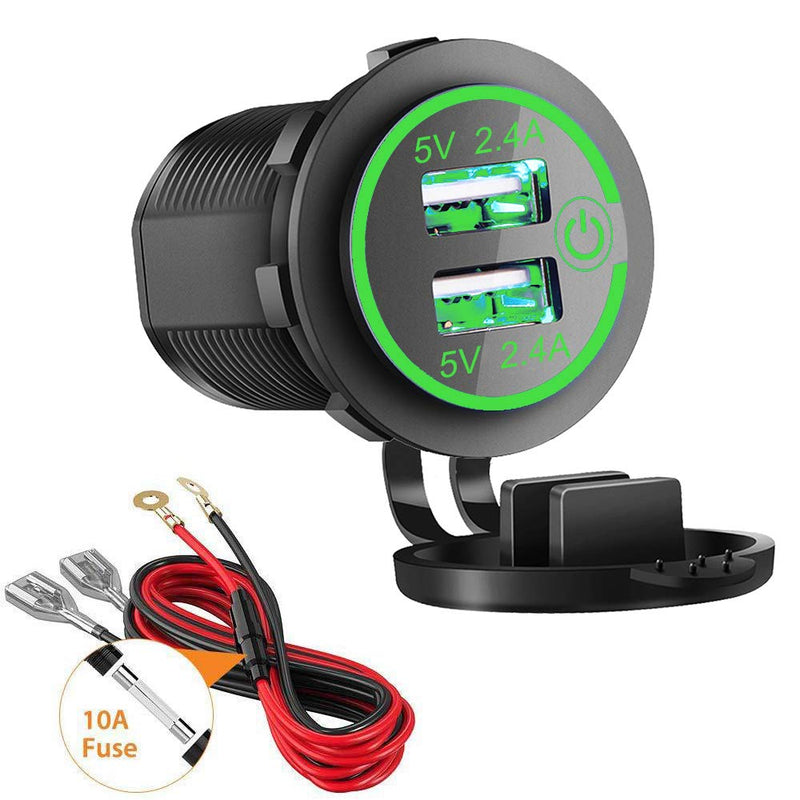 [Australia - AusPower] - Dual USB Charger Socket, 2.4A & 2.4A Waterproof 12V/24V Dual USB Fast Charger Socket Power Outlet with Touch Switch for Car Marine, Boat, Golf Cart, Motorcycle, Truck and More(4.8A-Green) 