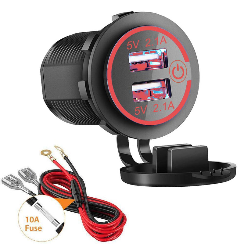 [Australia - AusPower] - Dual USB Charger Socket, 2.1A & 2.1A Waterproof 12V/24V Dual USB Fast Charger Socket Power Outlet with Touch Switch for Car Marine, Boat, Golf Cart, Motorcycle, Truck and More(4.2A-Red) 