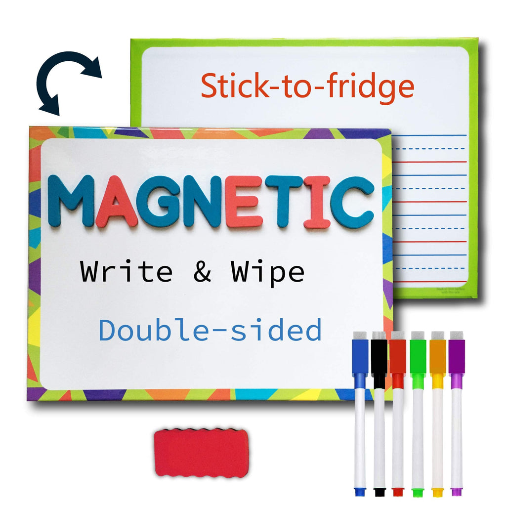 [Australia - AusPower] - Lined Magnetic Dry Erase Board for Kids with 6 Markers, Premium Double-Sided Dry Erase Lapboard for Learning Writing and Drawing – Stick to Fridge – 9 X 12 Inch Small White Board for Kids (1) 1 