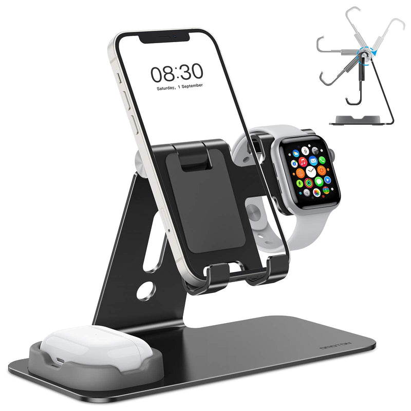 [Australia - AusPower] - OMOTON Adjustable Apple Watch Stand, Triunity Charging Dock For iWatch, AirPod and iPhone 13/12 Pro Max/Pro/Mini/11/XR/XS/6/7/8 Plus, Original Apple Watch Magnetic Charging Cable Required, Black 