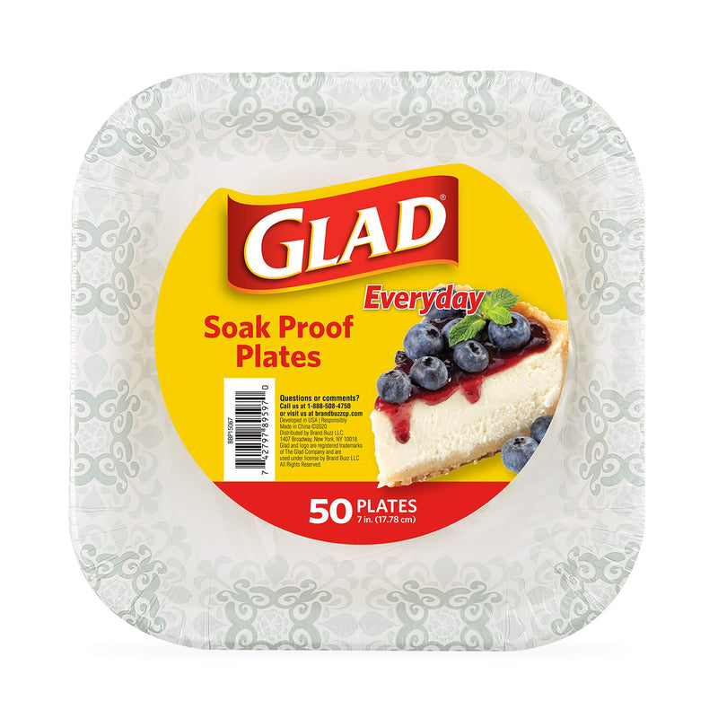 [Australia - AusPower] - Glad Square Disposable Paper Plates with Gray Victorian Print|Soak Proof, Cut-Proof, Microwaveable Heavy Duty Disposable Plates, 7 Inches, 50 Count|Square Plates, Party Paper Plates, Paper Plates Bulk 7" Plates - 50 Count 