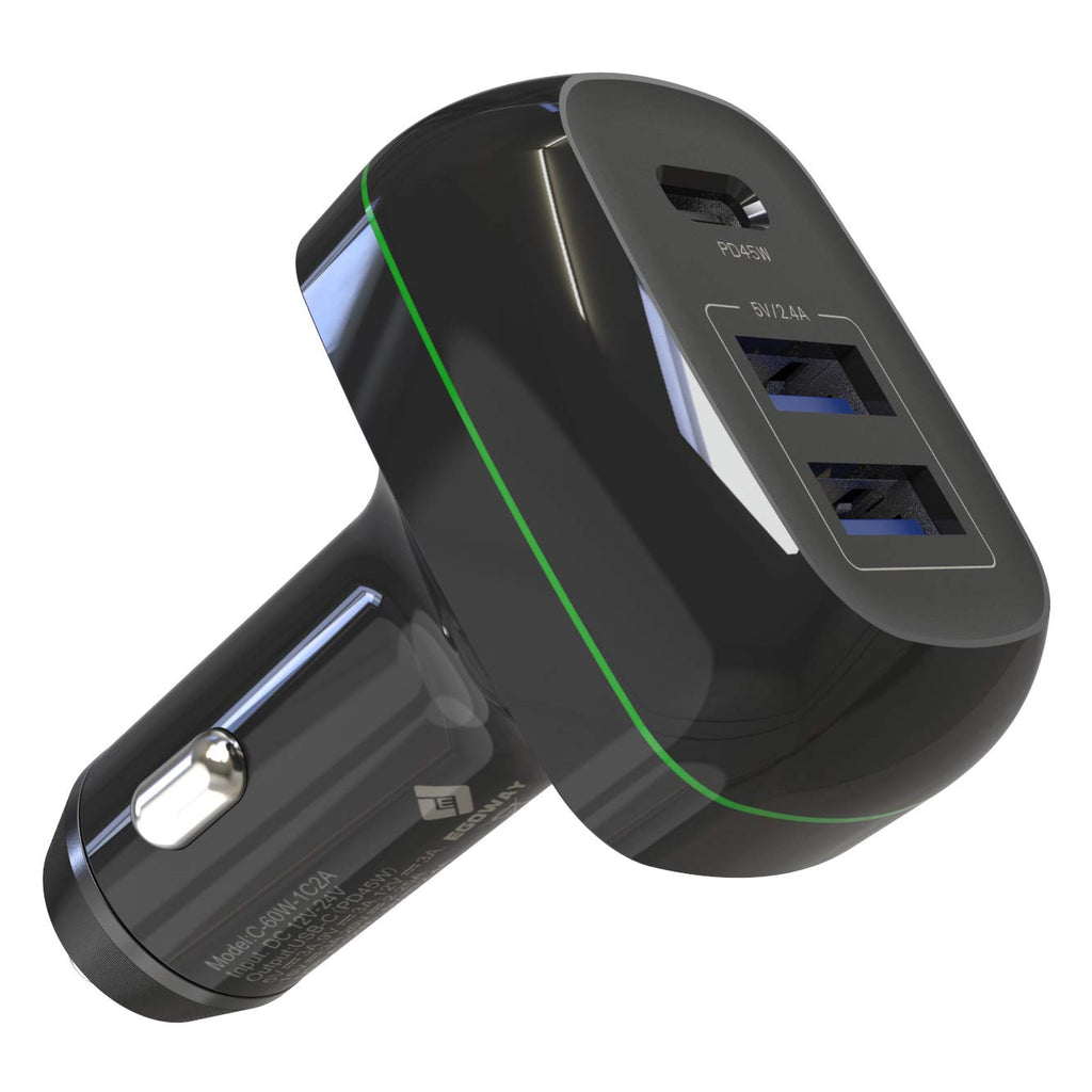 [Australia - AusPower] - USB C Car Charger, E EGOWAY 60W 3-Port Type C Car Adapter Power Supply with 45W PD Port & 2 USB A Ports Compatible with Mac Book Pro/Air 2018 i-Pad Pro i-Phone Xs/Max/XR/X/8 S10/S9 and More Black 