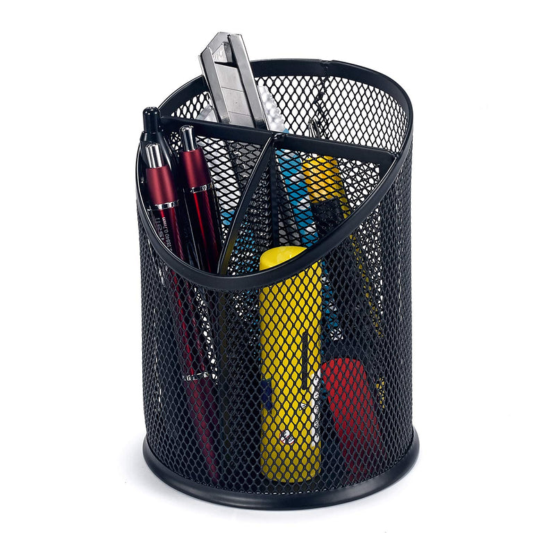 [Australia - AusPower] - Bonsaii Pen Pencil Holder Organizer for Desk, 1 Pack Round Steel Mesh Pen Cups for Office with devided 3 Compartments, Black(W6809) Small 