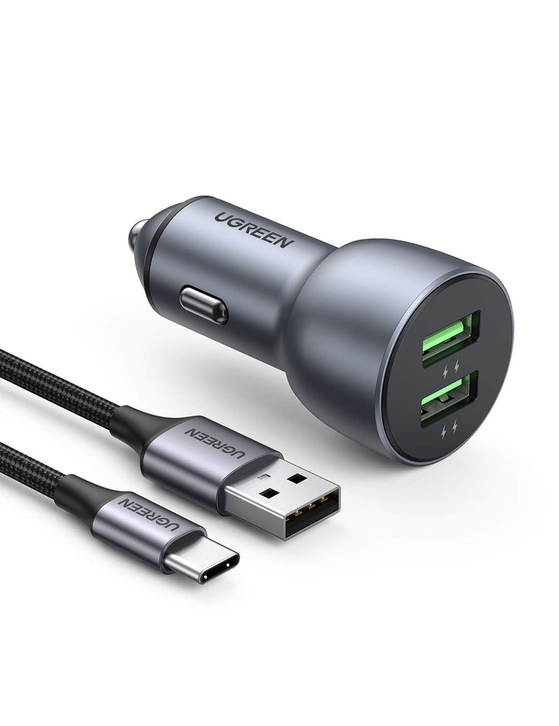[Australia - AusPower] - UGREEN USB Car Charger Quick Charge 36W - 12V USB Charger Multi Ports Fast Car Charger Adapter Compatible with iPhone 13/12/11/SE/8, iPad, Galaxy S21/S20/S10+/Note 20 (USB-A to C Cable Included) 