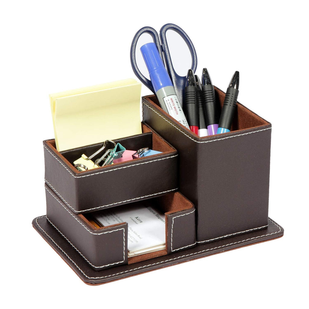 [Australia - AusPower] - B FSOBEIIALEO Pen Pencil Holder, Leather Desk Stationery Organizer Storage Box, Office Supplies Business Name Cards with Small Drawer Brown 