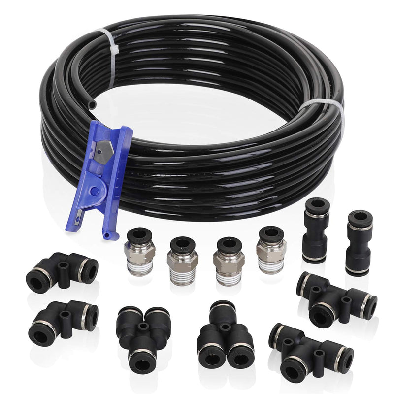 [Australia - AusPower] - Hromee Air Line Tubing Kit, 1/4 Inch (6.35MM) OD x 32.8 Feet Polyurethane PU Tube and Push to Connect Fittings, 14 PCS Compressed Pipe and Accessories Kit Polyurethane (PU) 