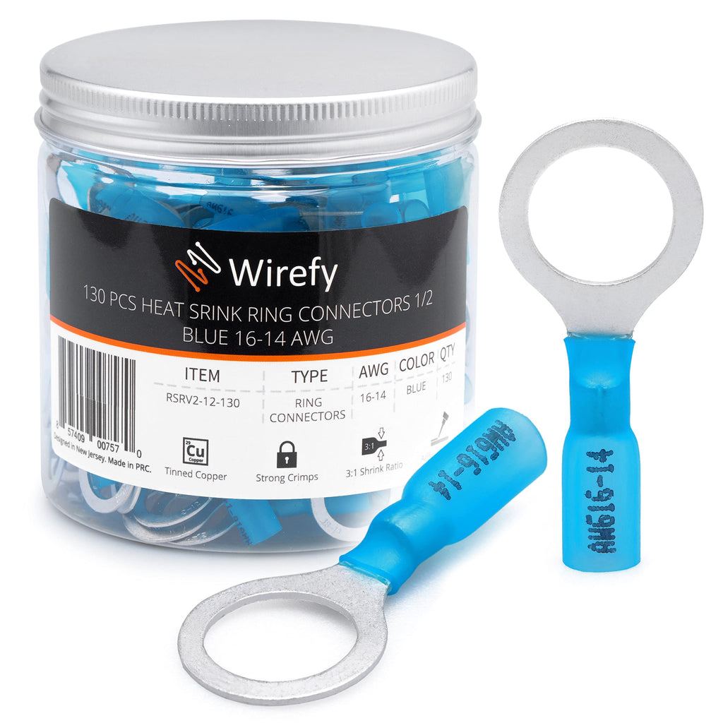 [Australia - AusPower] - Wirefy 130 PCS Heat Shrink Ring Terminals 1/2" - Marine Grade Ring Connectors - Eyelet Wire Connectors - Large Ring Terminals - Blue 16-14 AWG Ring 1/2" Blue 16-14 Gauge 