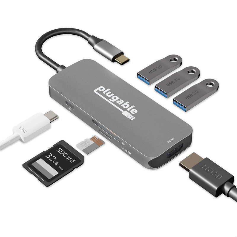 [Australia - AusPower] - Plugable USB-C Hub 7-in-1, Compatible with Mac, Windows, Chromebook, USB4, Thunderbolt 4, and More (4K HDMI, 3 USB 3.0, SD & microSD Card Reader, 87W Charging) 