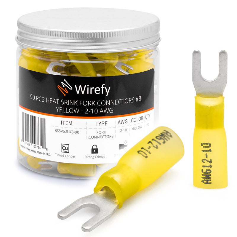 [Australia - AusPower] - Wirefy 90 PCS Heat Shrink Fork Connectors #8 - Marine Grade Fork Terminals - Spade Fork Wire Connectors - Yellow 12-10 Gauge Fork #8 